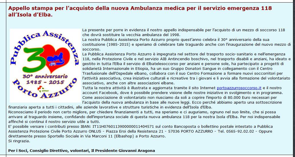 articolo nuova ambulanza pubblica assistenza porto azzurro